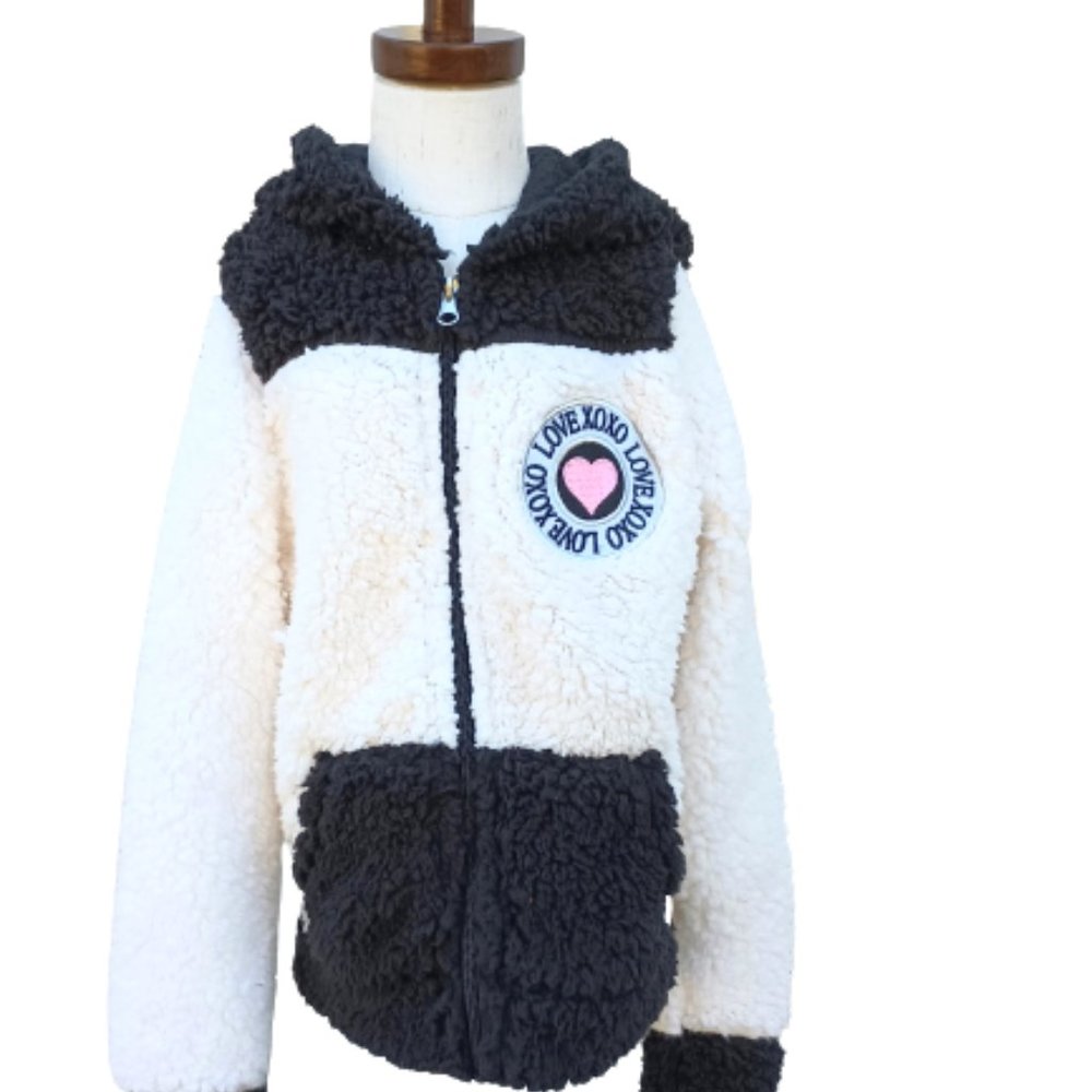 Girls Black & White Hoodie Jacket 7-8 Fluffy Full Zip Coat Front Pockets
